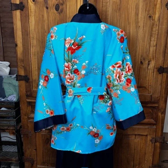 Vintage Made in Japan Floral Kimono Pajama Set Blue Navy Satin Loungewear Medium - Picture 3 of 8